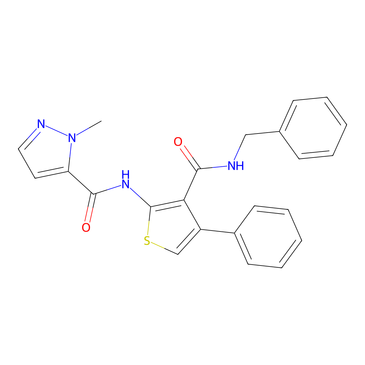 N-[3-(benzylcarbamoyl)-4-phenylthiophen-2-yl]-1-methyl-1H-pyrazole-5-carboxamide molecular structure, CAS 1005880-75-0
