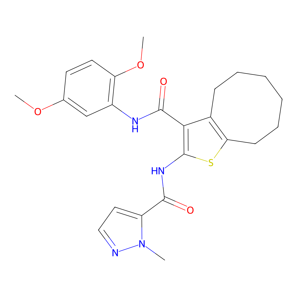 N-{3-[(2,5-dimethoxyphenyl)carbamoyl]-4,5,6,7,8,9-hexahydrocycloocta[b]thiophen-2-yl}-1-methyl-1H-pyrazole-5-carboxamide molecular structure, CAS 1005881-34-4