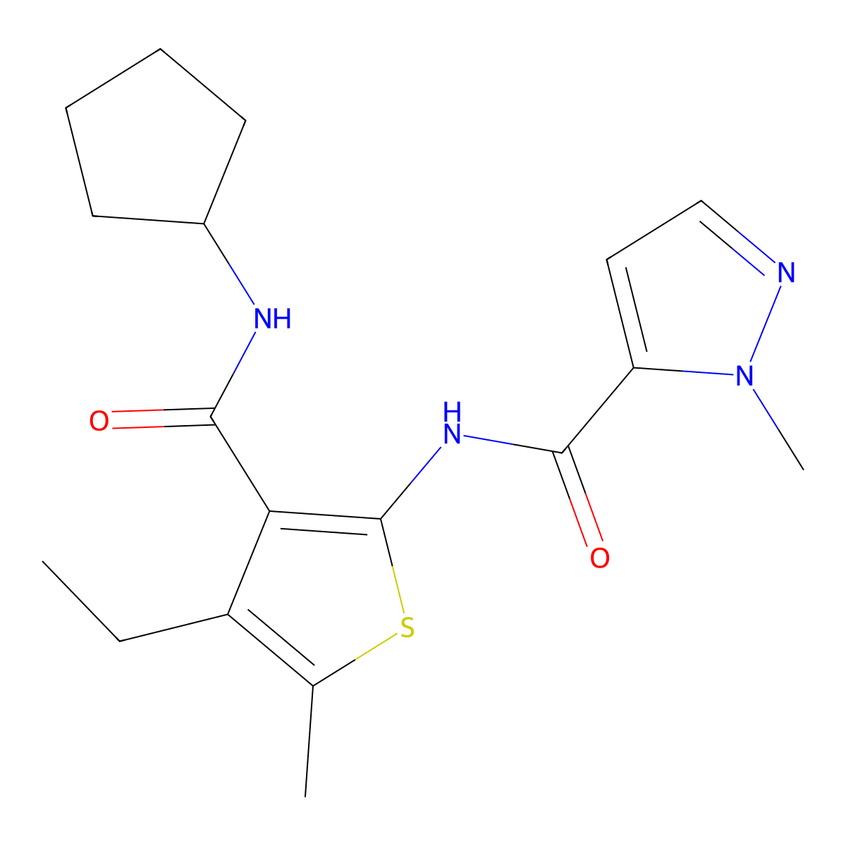 N-[3-(cyclopentylcarbamoyl)-4-ethyl-5-methylthiophen-2-yl]-1-methyl-1H-pyrazole-5-carboxamide molecular structure, CAS 1005881-48-0