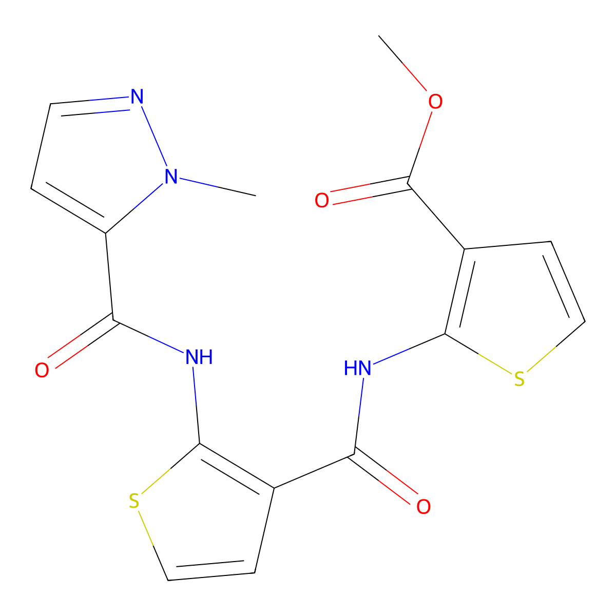 methyl 2-{[(2-{[(1-methyl-1H-pyrazol-5-yl)carbonyl]amino}thiophen-3-yl)carbonyl]amino}thiophene-3-carboxylate molecular structure, CAS 1005881-55-9