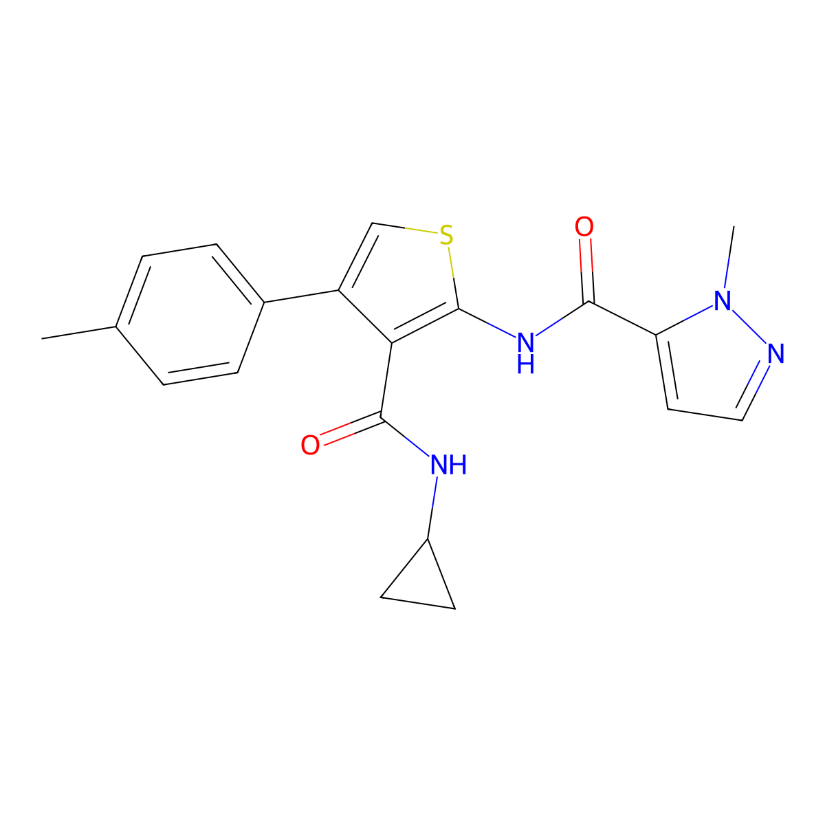N-[3-(cyclopropylcarbamoyl)-4-(4-methylphenyl)thiophen-2-yl]-1-methyl-1H-pyrazole-5-carboxamide molecular structure, CAS 1005881-63-9