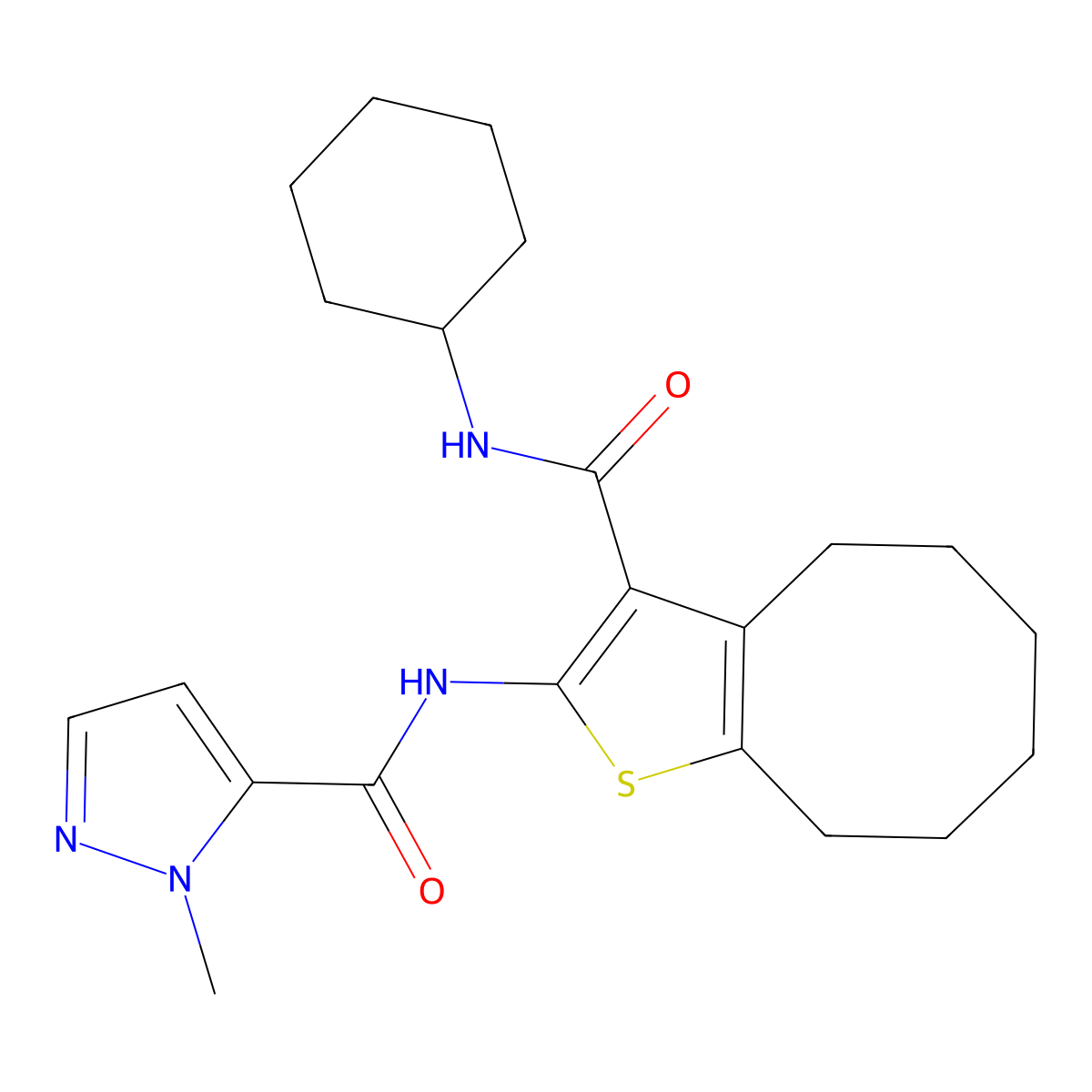 N-[3-(cyclohexylcarbamoyl)-4,5,6,7,8,9-hexahydrocycloocta[b]thiophen-2-yl]-1-methyl-1H-pyrazole-5-carboxamide molecular structure, CAS 1005882-27-8