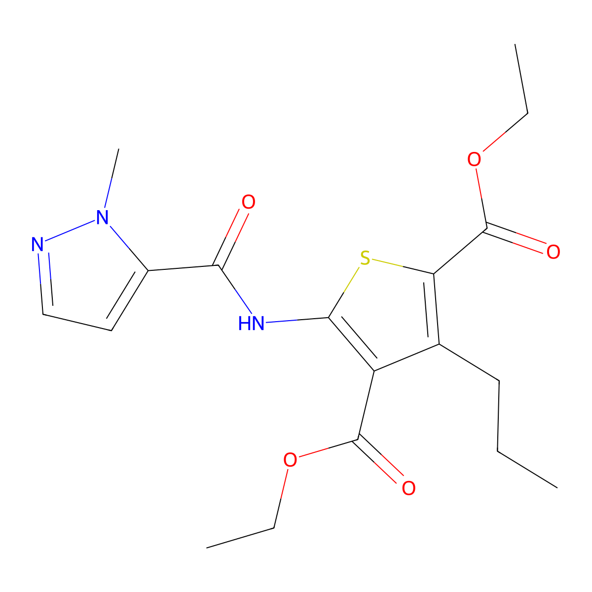 diethyl 5-{[(1-methyl-1H-pyrazol-5-yl)carbonyl]amino}-3-propylthiophene-2,4-dicarboxylate molecular structure, CAS 1005882-75-6