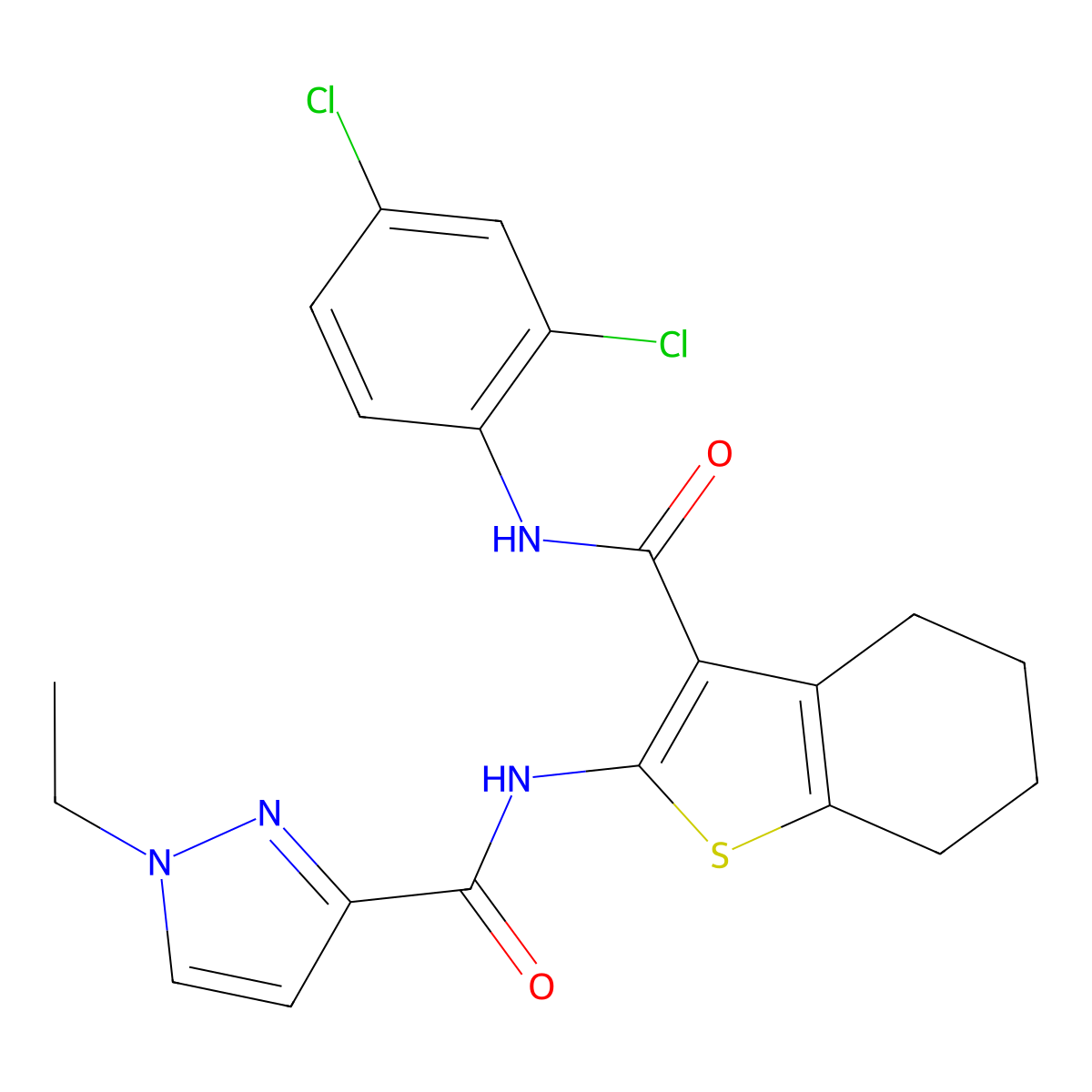N-{3-[(2,4-dichlorophenyl)carbamoyl]-4,5,6,7-tetrahydro-1-benzothiophen-2-yl}-1-ethyl-1H-pyrazole-3-carboxamide molecular structure, CAS 1005885-85-7