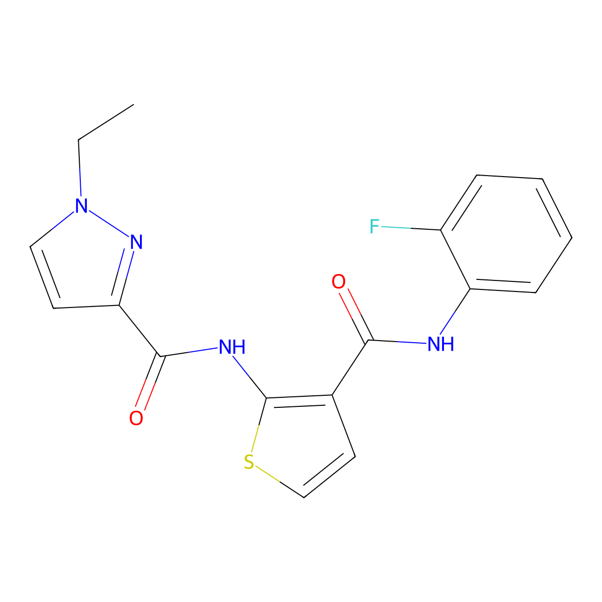 1-ethyl-N-{3-[(2-fluorophenyl)carbamoyl]thiophen-2-yl}-1H-pyrazole-3-carboxamide molecular structure, CAS 1005886-22-5