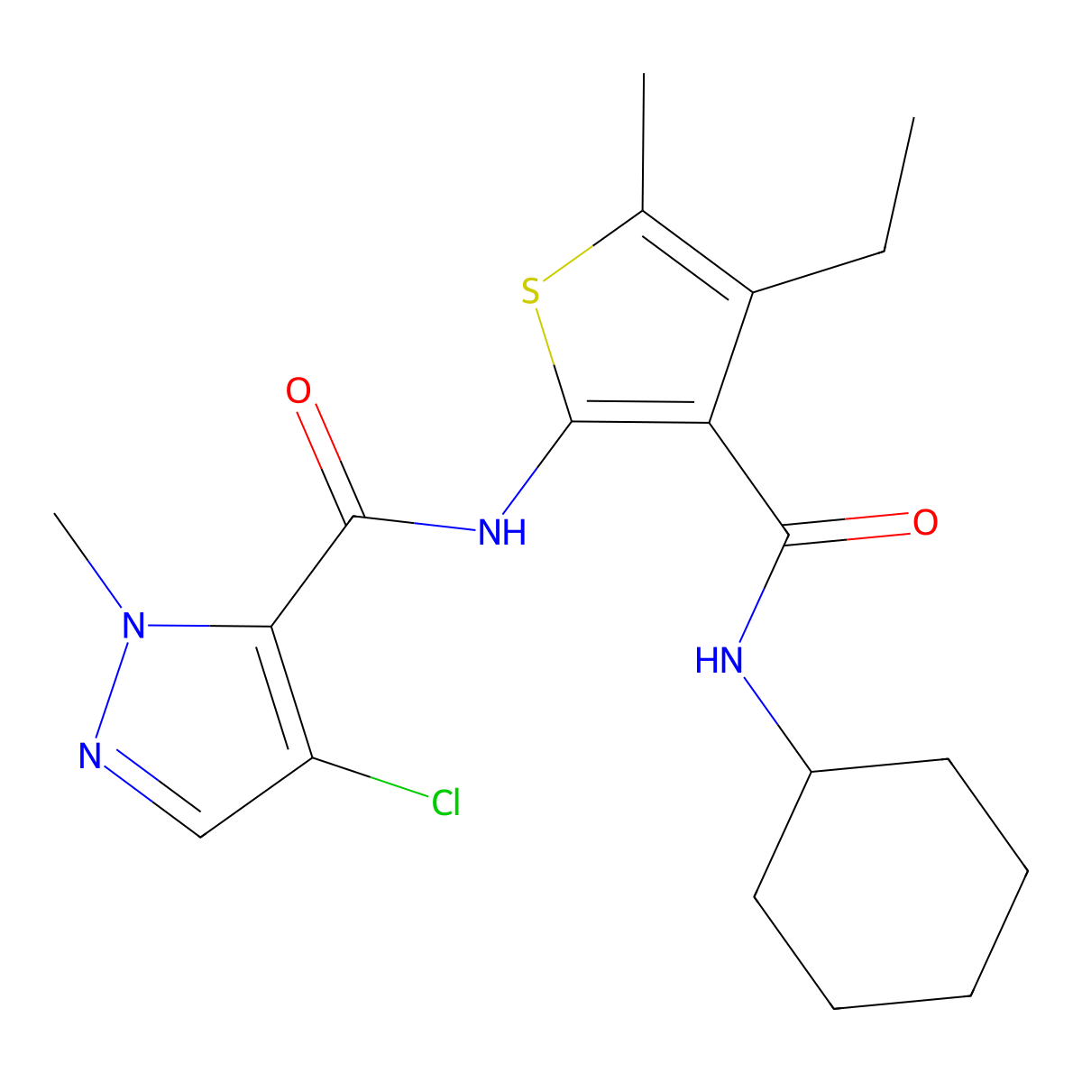 4-chloro-N-[3-(cyclohexylcarbamoyl)-4-ethyl-5-methylthiophen-2-yl]-1-methyl-1H-pyrazole-5-carboxamide molecular structure, CAS 1005886-81-6