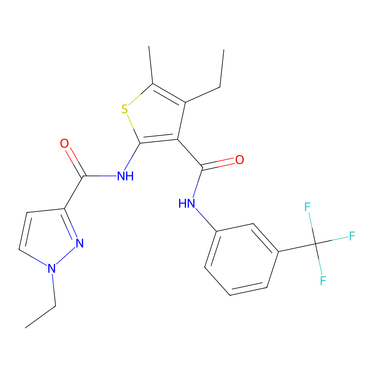 1-ethyl-N-(4-ethyl-5-methyl-3-{[3-(trifluoromethyl)phenyl]carbamoyl}thiophen-2-yl)-1H-pyrazole-3-carboxamide molecular structure, CAS 1005886-89-4
