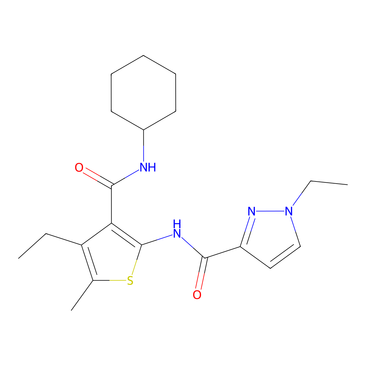 N-[3-(cyclohexylcarbamoyl)-4-ethyl-5-methylthiophen-2-yl]-1-ethyl-1H-pyrazole-3-carboxamide molecular structure, CAS 1005887-35-3