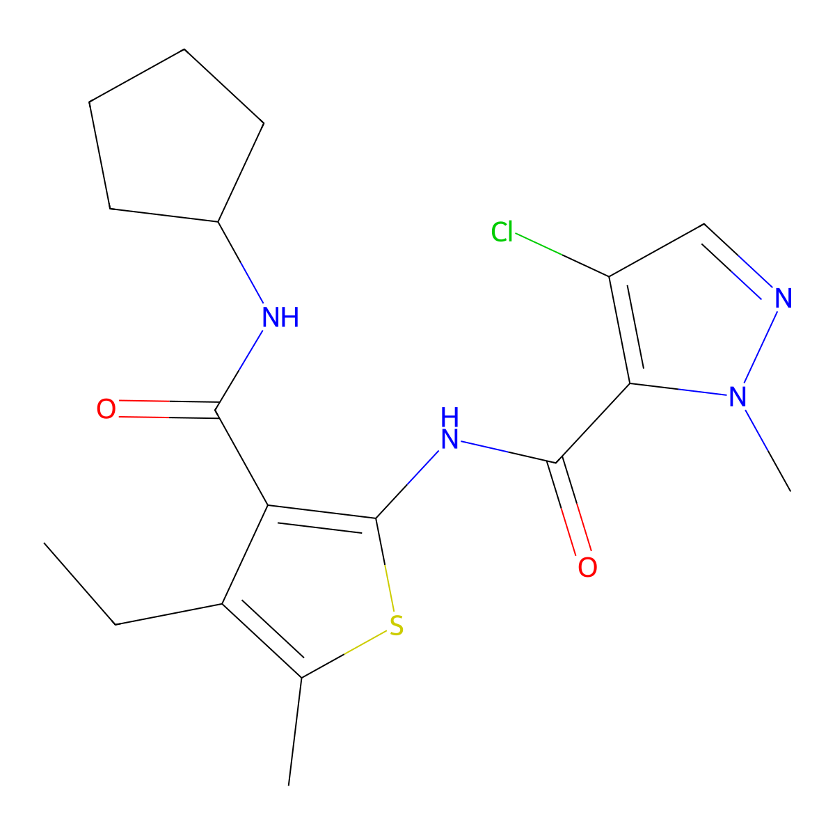4-chloro-N-[3-(cyclopentylcarbamoyl)-4-ethyl-5-methylthiophen-2-yl]-1-methyl-1H-pyrazole-5-carboxamide molecular structure, CAS 1005887-74-0