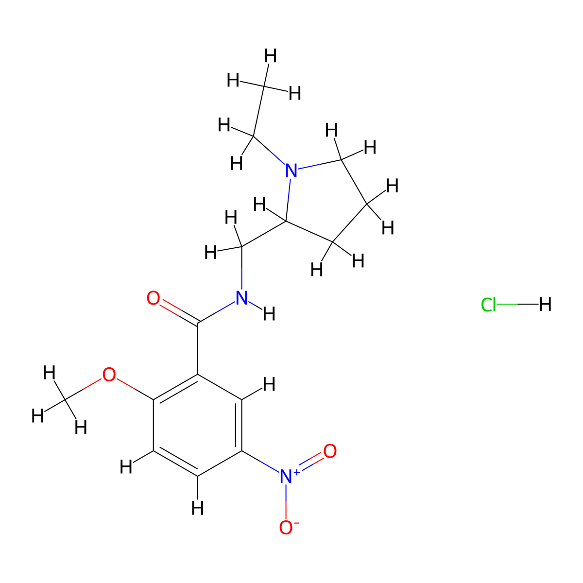 Benzamide, N-((1-ethyl-2-pyrrolidinyl)methyl)-2-methoxy-5-nitro-, monohydrochloride molecular structure, CAS 10059-36-6