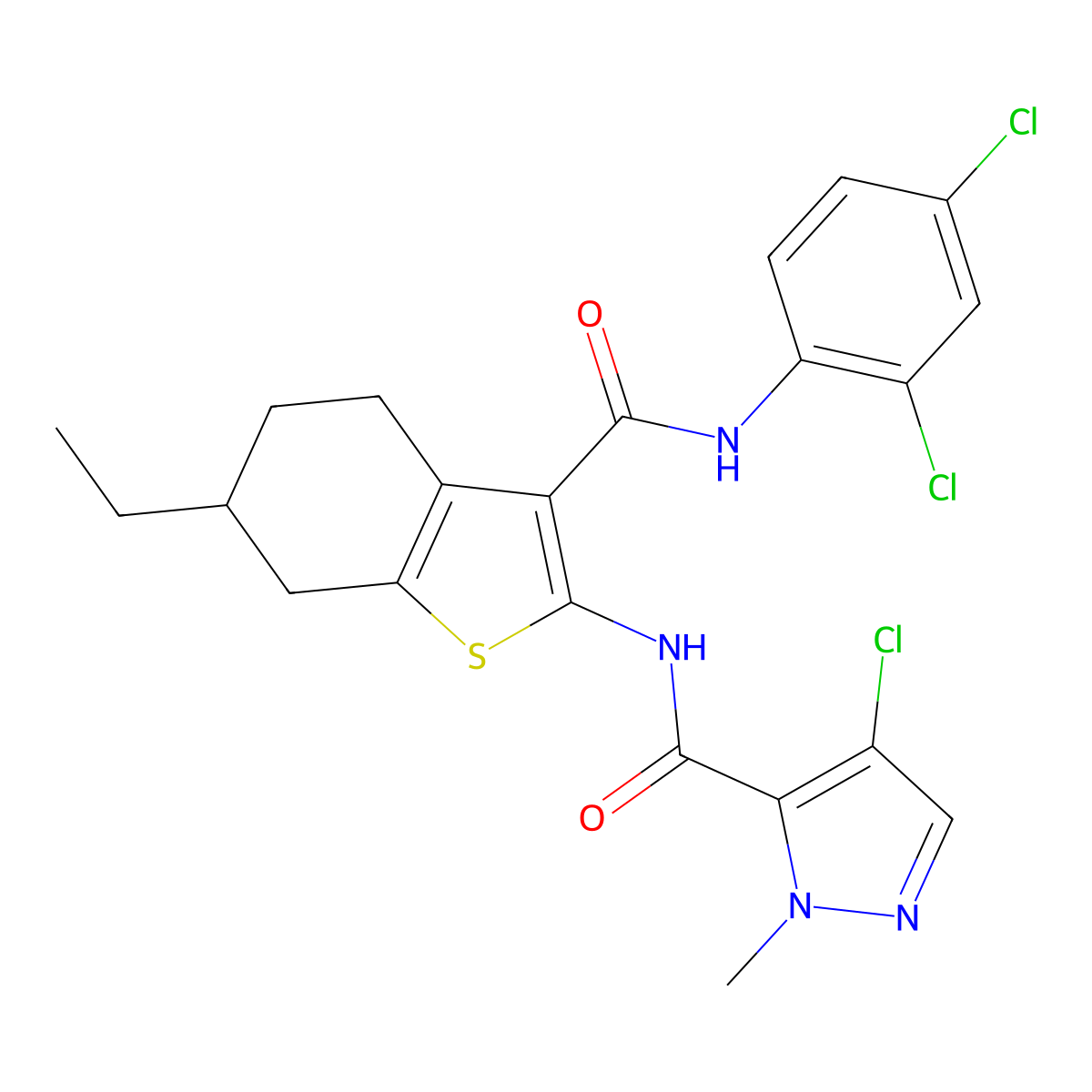 4-chloro-N-{3-[(2,4-dichlorophenyl)carbamoyl]-6-ethyl-4,5,6,7-tetrahydro-1-benzothiophen-2-yl}-1-methyl-1H-pyrazole-5-carboxamide molecular structure, CAS 1005908-28-0