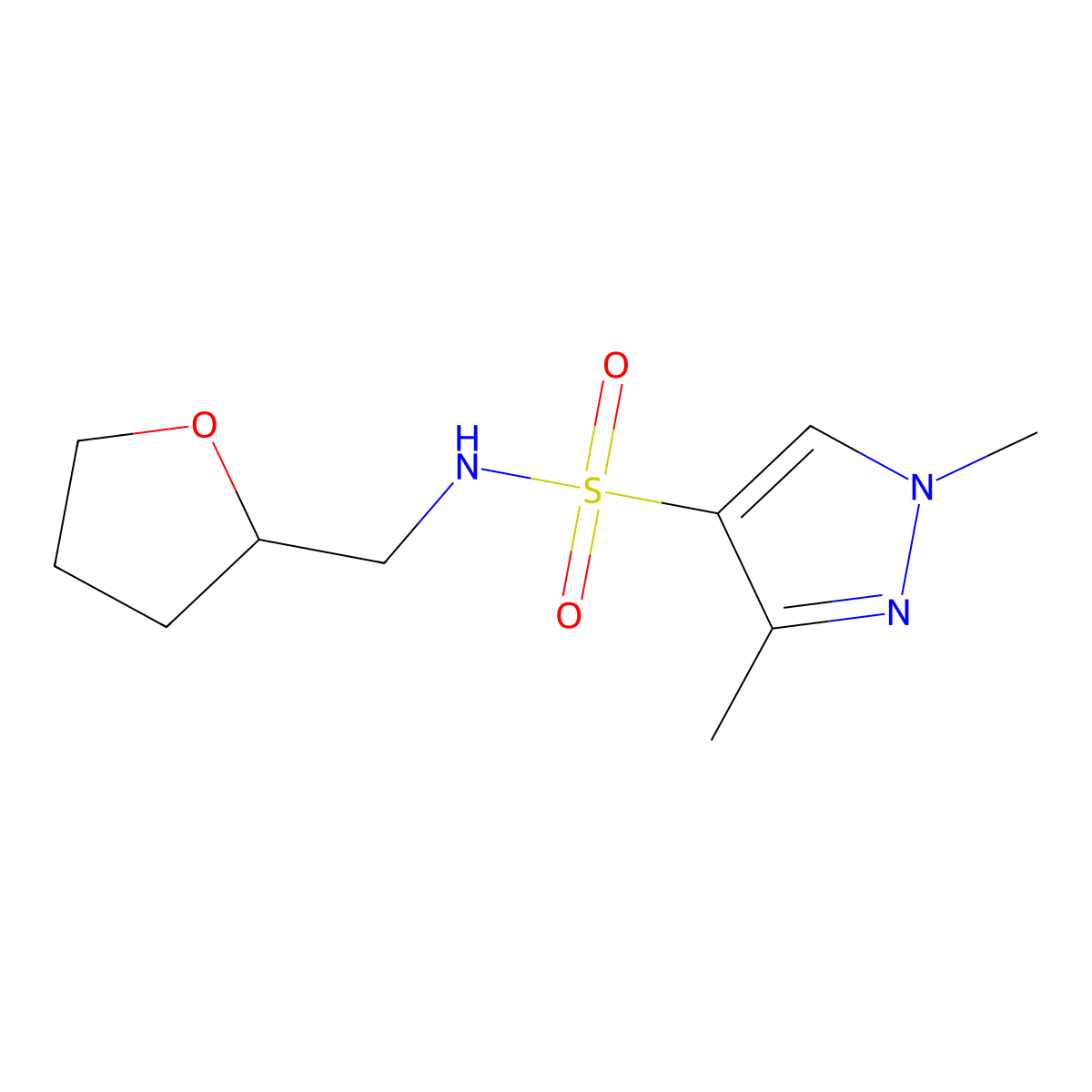 1,3-dimethyl-N-(tetrahydrofuran-2-ylmethyl)-1H-pyrazole-4-sulfonamide molecular structure, CAS 1005913-08-5