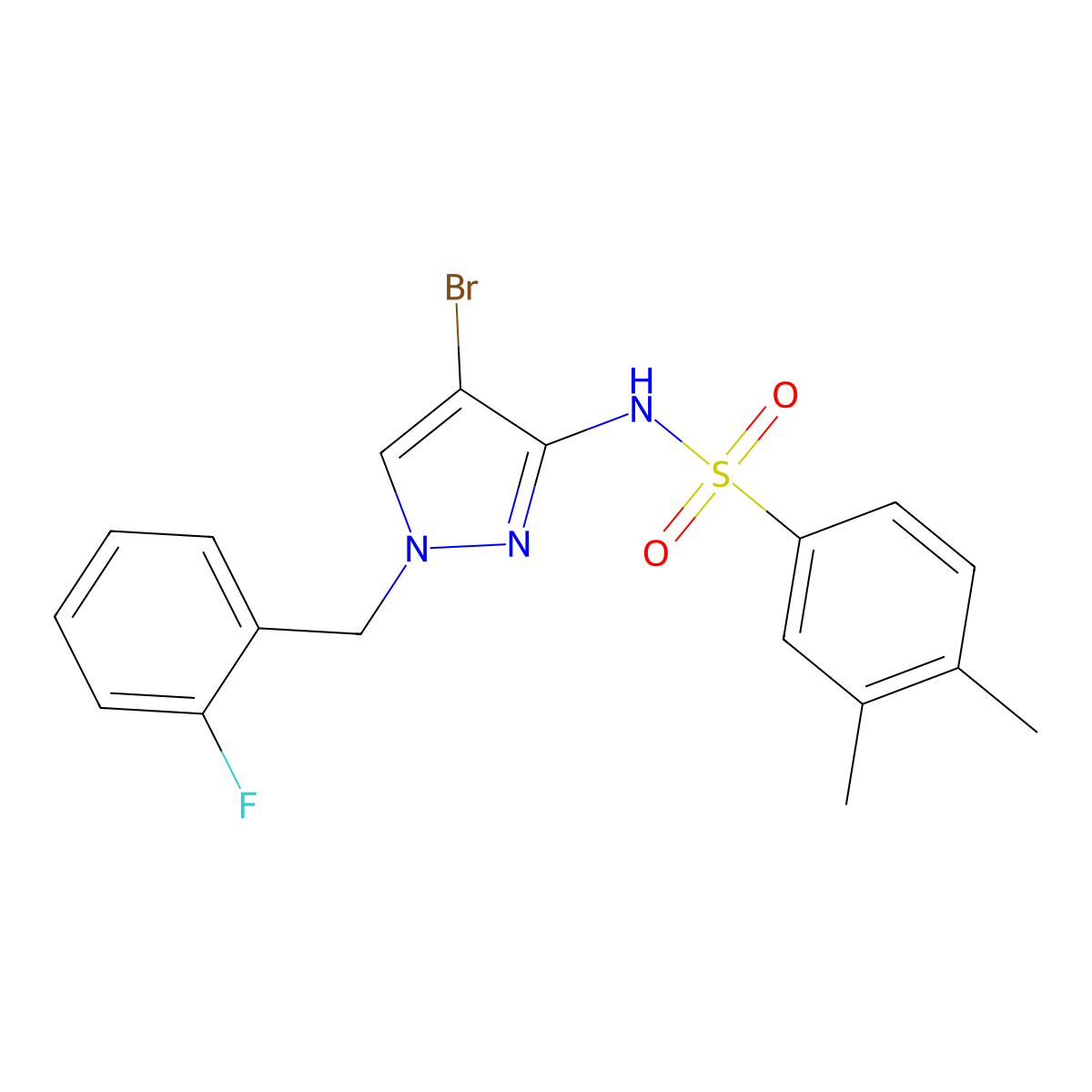 N-[4-bromo-1-(2-fluorobenzyl)-1H-pyrazol-3-yl]-3,4-dimethylbenzenesulfonamide molecular structure, CAS 1005913-12-1