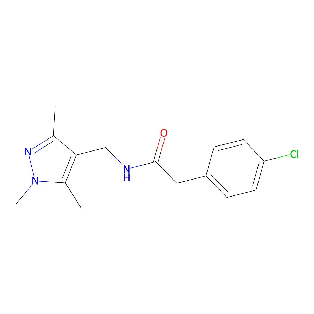 2-(4-chlorophenyl)-N-[(1,3,5-trimethylpyrazol-4-yl)methyl]acetamide molecular structure, CAS 1005914-25-9