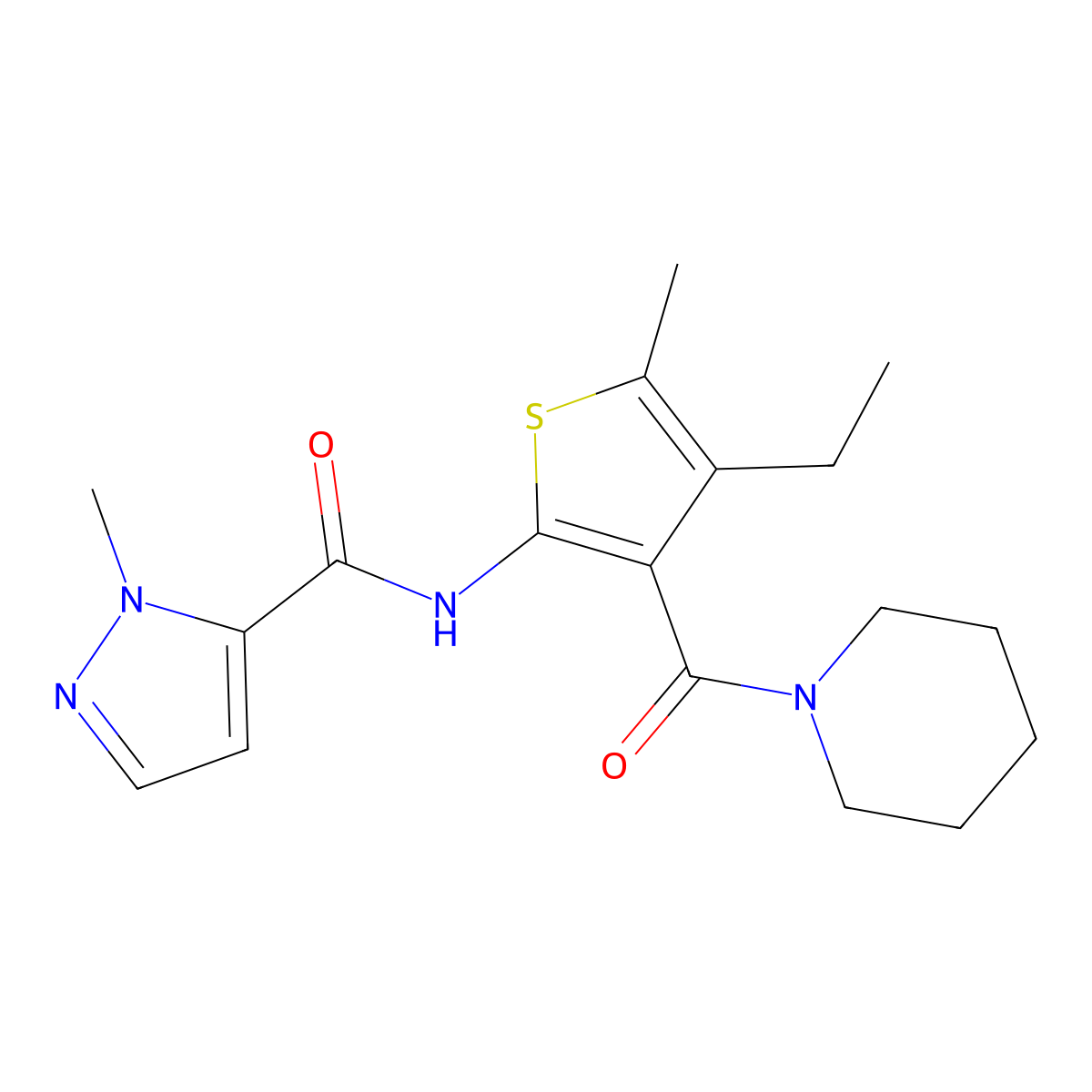 N-[4-ethyl-5-methyl-3-(piperidin-1-ylcarbonyl)thiophen-2-yl]-1-methyl-1H-pyrazole-5-carboxamide molecular structure, CAS 1005914-88-4