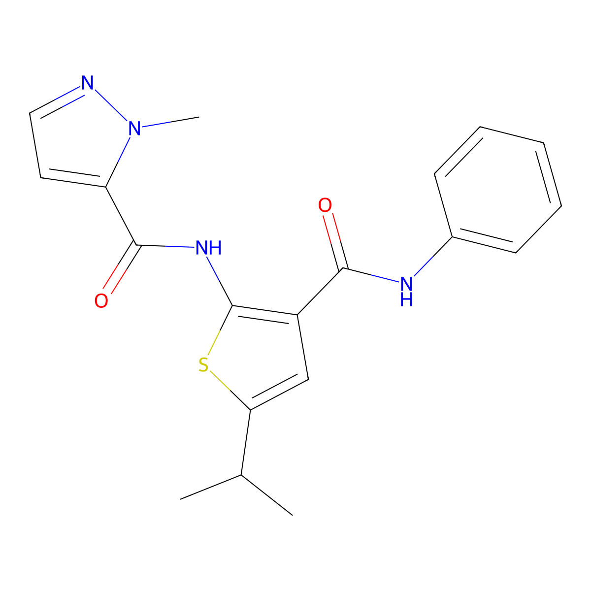 1-methyl-N-[3-(phenylcarbamoyl)-5-(propan-2-yl)thiophen-2-yl]-1H-pyrazole-5-carboxamide molecular structure, CAS 1005915-06-9