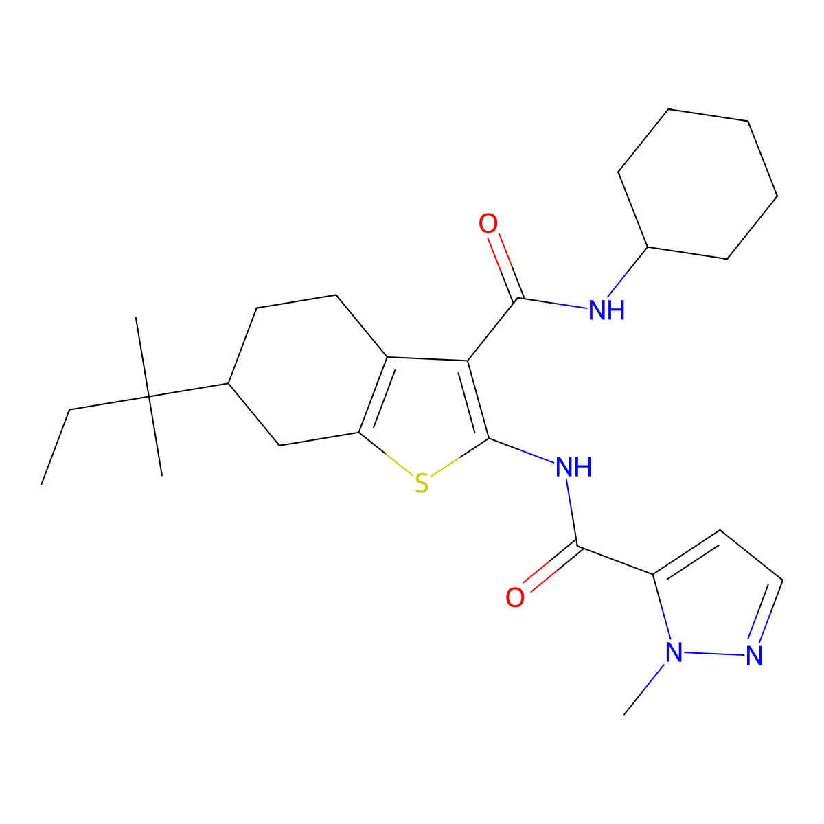 N-[3-(cyclohexylcarbamoyl)-6-(2-methylbutan-2-yl)-4,5,6,7-tetrahydro-1-benzothiophen-2-yl]-1-methyl-1H-pyrazole-5-carboxamide molecular structure, CAS 1005916-13-1