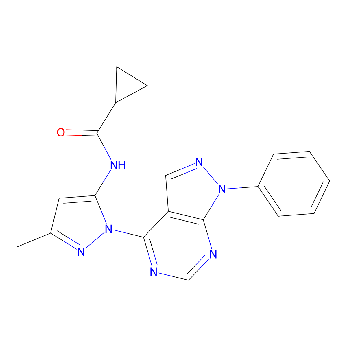 N-(3-methyl-1-(1-phenyl-1H-pyrazolo[3,4-d]pyrimidin-4-yl)-1H-pyrazol-5-yl)cyclopropanecarboxamide molecular structure, CAS 1005921-78-7