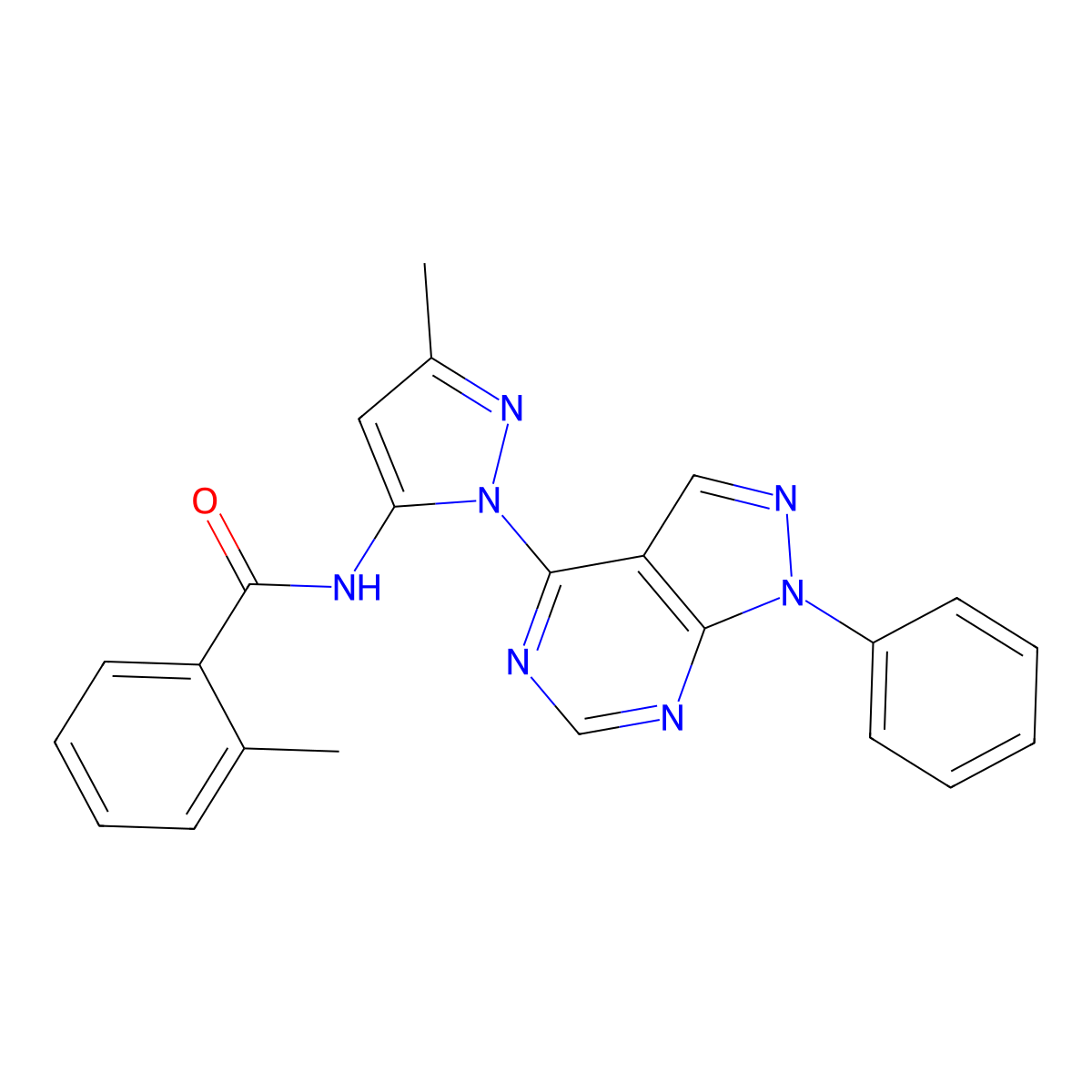 2-methyl-N-(3-methyl-1-{1-phenyl-1H-pyrazolo[3,4-d]pyrimidin-4-yl}-1H-pyrazol-5-yl)benzamide molecular structure, CAS 1005922-13-3