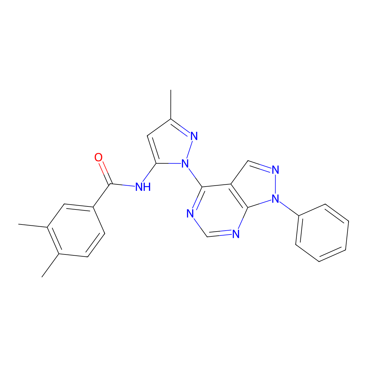 3,4-dimethyl-N-(3-methyl-1-{1-phenyl-1H-pyrazolo[3,4-d]pyrimidin-4-yl}-1H-pyrazol-5-yl)benzamide molecular structure, CAS 1005922-20-2