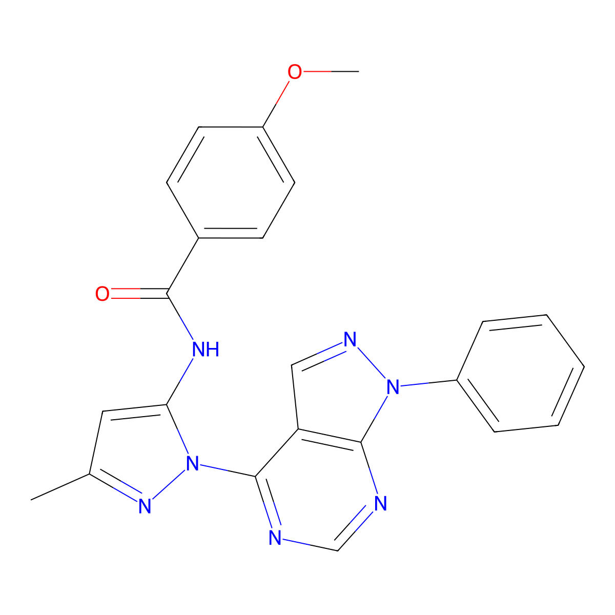4-methoxy-N-(3-methyl-1-{1-phenyl-1H-pyrazolo[3,4-d]pyrimidin-4-yl}-1H-pyrazol-5-yl)benzamide molecular structure, CAS 1005922-27-9
