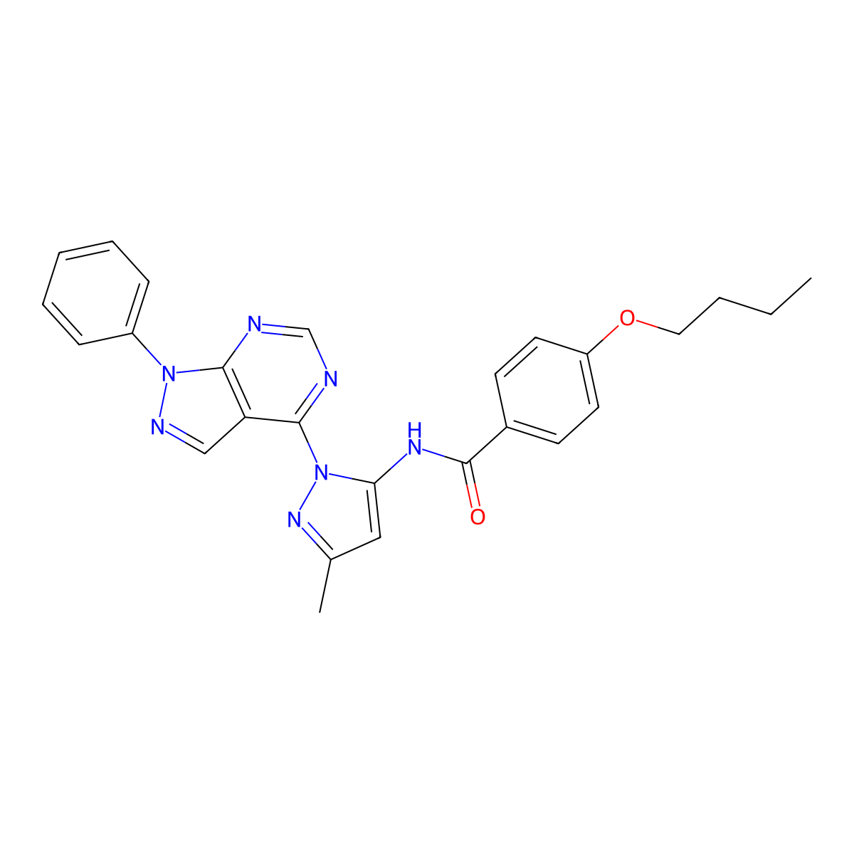 4-butoxy-N-(3-methyl-1-{1-phenyl-1H-pyrazolo[3,4-d]pyrimidin-4-yl}-1H-pyrazol-5-yl)benzamide molecular structure, CAS 1005922-33-7