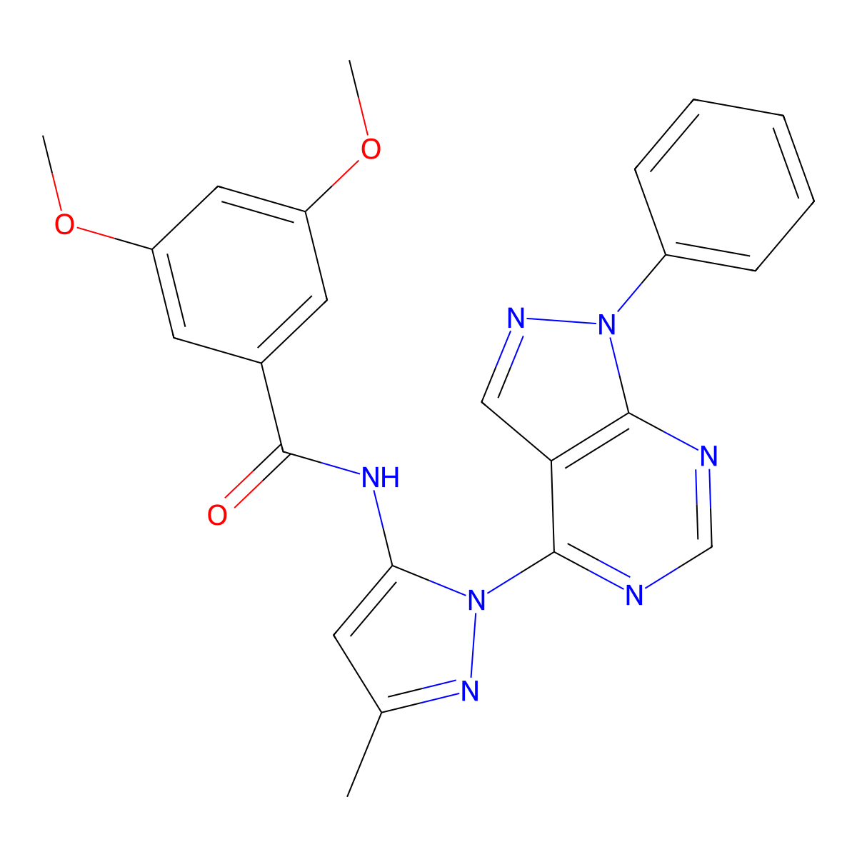 3,5-dimethoxy-N-(3-methyl-1-{1-phenyl-1H-pyrazolo[3,4-d]pyrimidin-4-yl}-1H-pyrazol-5-yl)benzamide molecular structure, CAS 1005922-39-3