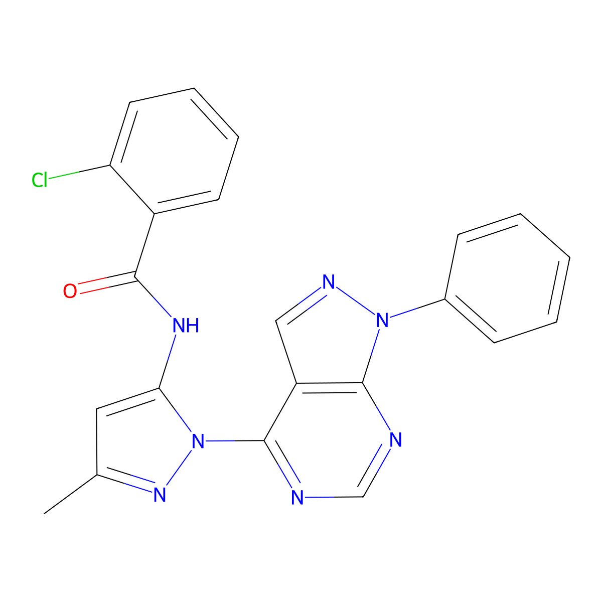 2-chloro-N-(3-methyl-1-{1-phenyl-1H-pyrazolo[3,4-d]pyrimidin-4-yl}-1H-pyrazol-5-yl)benzamide molecular structure, CAS 1005922-52-0