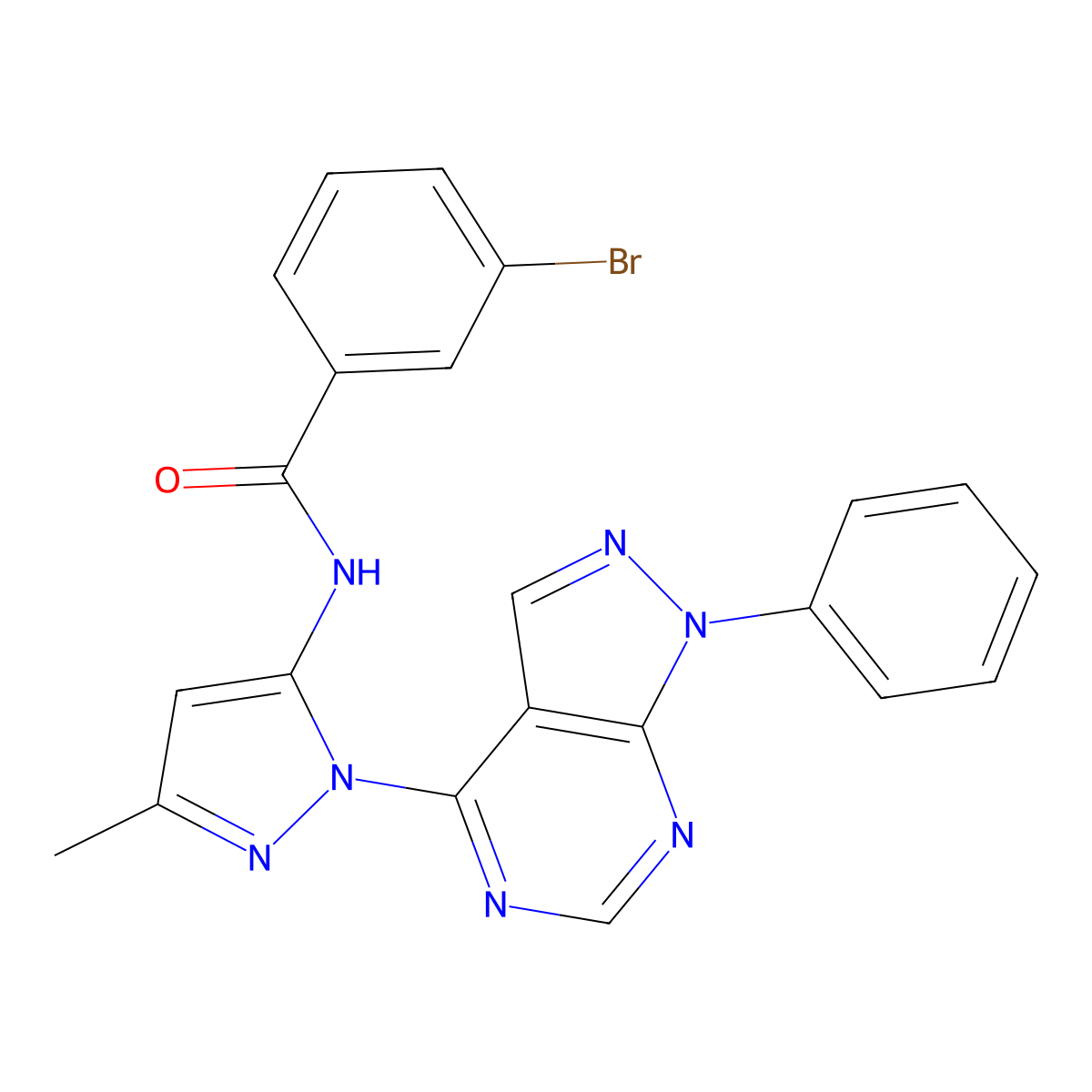 3-bromo-N-(3-methyl-1-{1-phenyl-1H-pyrazolo[3,4-d]pyrimidin-4-yl}-1H-pyrazol-5-yl)benzamide molecular structure, CAS 1005922-58-6