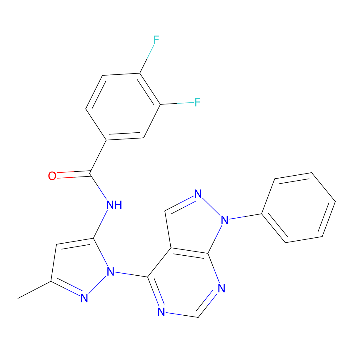 3,4-difluoro-N-(3-methyl-1-(1-phenyl-1H-pyrazolo[3,4-d]pyrimidin-4-yl)-1H-pyrazol-5-yl)benzamide molecular structure, CAS 1005922-65-5