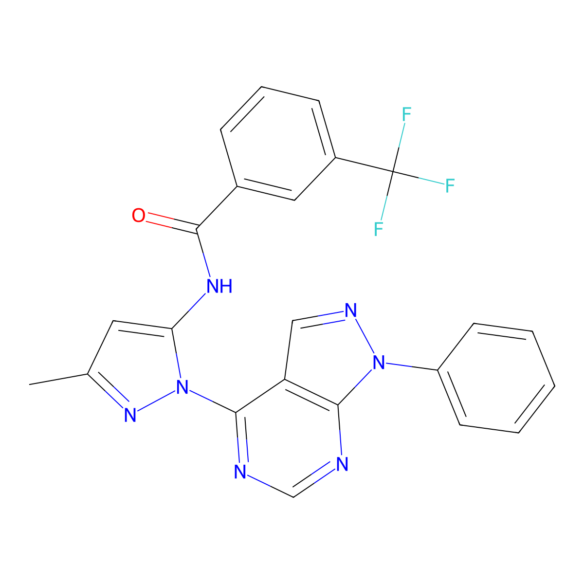 N-(3-methyl-1-{1-phenyl-1H-pyrazolo[3,4-d]pyrimidin-4-yl}-1H-pyrazol-5-yl)-3-(trifluoromethyl)benzamide molecular structure, CAS 1005922-77-9