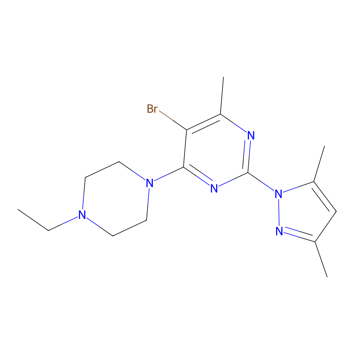 5-bromo-2-(3,5-dimethyl-1H-pyrazol-1-yl)-4-(4-ethylpiperazin-1-yl)-6-methylpyrimidine molecular structure, CAS 1005922-82-6