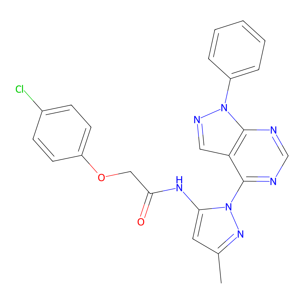 2-(4-chlorophenoxy)-N-(3-methyl-1-{1-phenyl-1H-pyrazolo[3,4-d]pyrimidin-4-yl}-1H-pyrazol-5-yl)acetamide molecular structure, CAS 1005922-99-5
