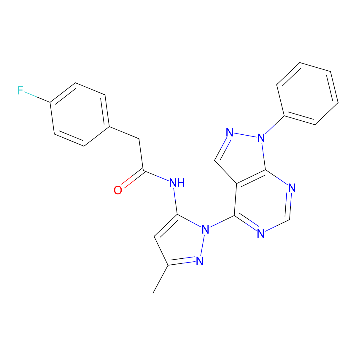 2-(4-fluorophenyl)-N-(3-methyl-1-(1-phenyl-1H-pyrazolo[3,4-d]pyrimidin-4-yl)-1H-pyrazol-5-yl)acetamide molecular structure, CAS 1005923-28-3