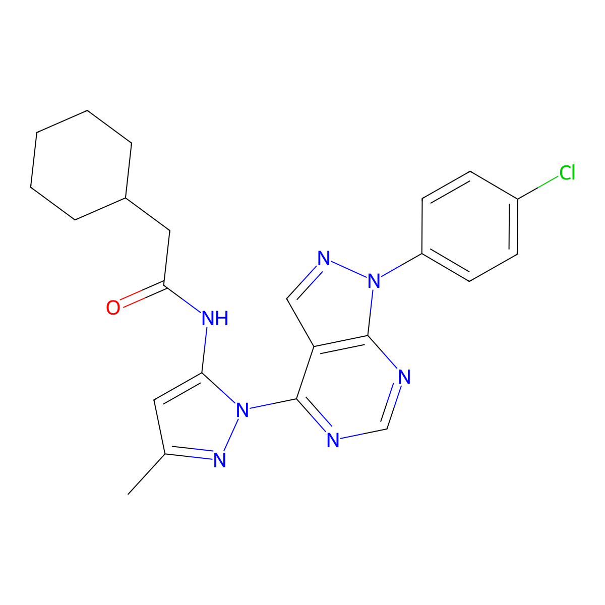 N-{1-[1-(4-chlorophenyl)-1H-pyrazolo[3,4-d]pyrimidin-4-yl]-3-methyl-1H-pyrazol-5-yl}-2-cyclohexylacetamide molecular structure, CAS 1005924-00-4