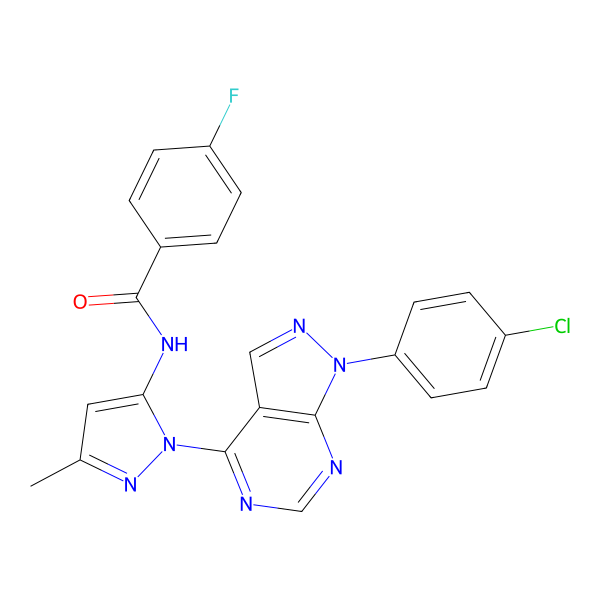 N-{1-[1-(4-chlorophenyl)-1H-pyrazolo[3,4-d]pyrimidin-4-yl]-3-methyl-1H-pyrazol-5-yl}-4-fluorobenzamide molecular structure, CAS 1005924-29-7