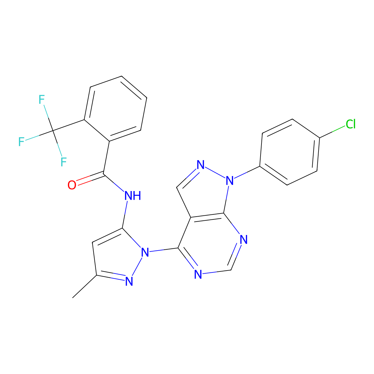 N-{1-[1-(4-chlorophenyl)-1H-pyrazolo[3,4-d]pyrimidin-4-yl]-3-methyl-1H-pyrazol-5-yl}-2-(trifluoromethyl)benzamide molecular structure, CAS 1005924-52-6