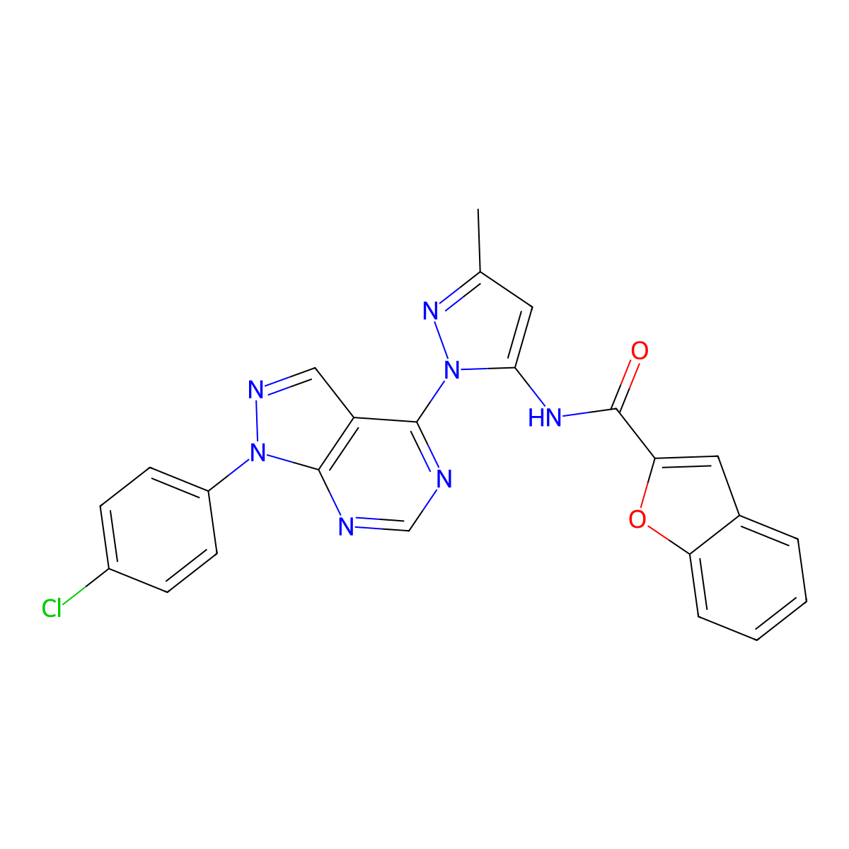 N-(1-(1-(4-chlorophenyl)-1H-pyrazolo[3,4-d]pyrimidin-4-yl)-3-methyl-1H-pyrazol-5-yl)benzofuran-2-carboxamide molecular structure, CAS 1005925-10-9