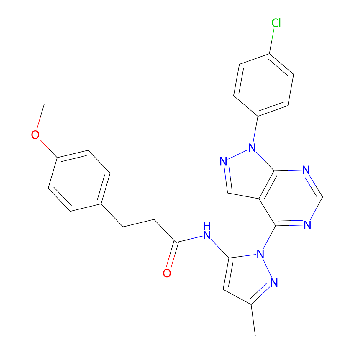 N-{1-[1-(4-chlorophenyl)-1H-pyrazolo[3,4-d]pyrimidin-4-yl]-3-methyl-1H-pyrazol-5-yl}-3-(4-methoxyphenyl)propanamide molecular structure, CAS 1005925-30-3