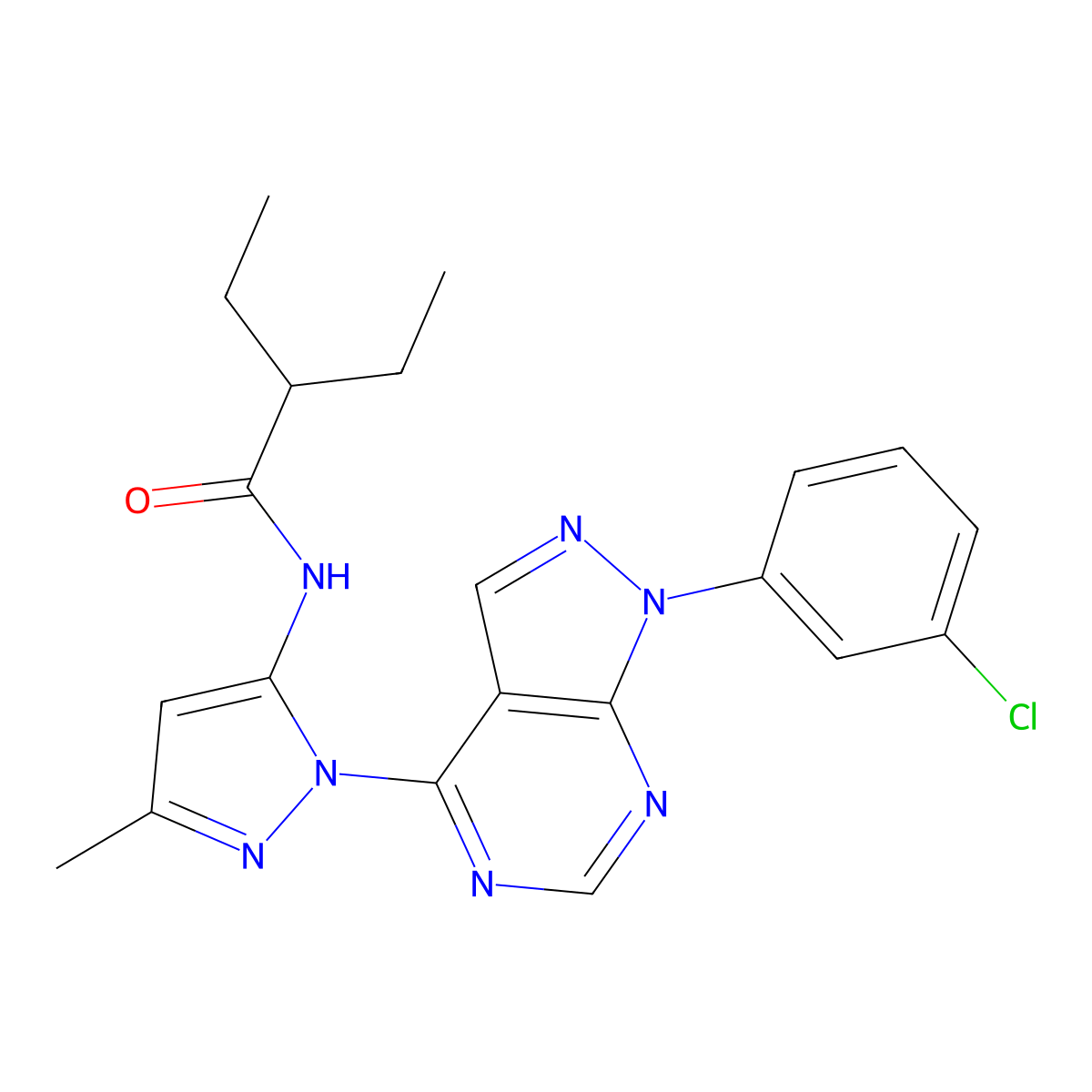 N-{1-[1-(3-chlorophenyl)-1H-pyrazolo[3,4-d]pyrimidin-4-yl]-3-methyl-1H-pyrazol-5-yl}-2-ethylbutanamide molecular structure, CAS 1005925-56-3