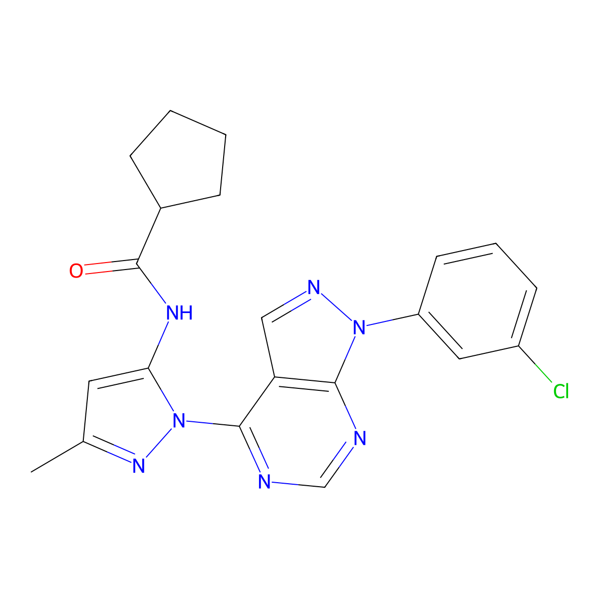 N-{1-[1-(3-chlorophenyl)-1H-pyrazolo[3,4-d]pyrimidin-4-yl]-3-methyl-1H-pyrazol-5-yl}cyclopentanecarboxamide molecular structure, CAS 1005925-62-1