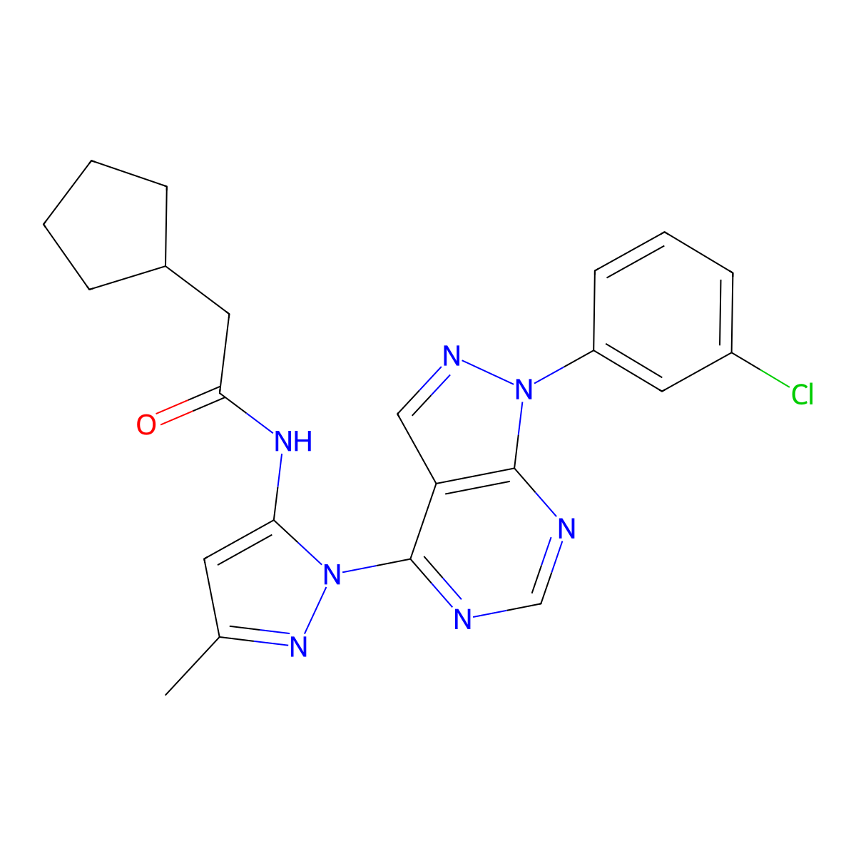 N-(1-(1-(3-chlorophenyl)-1H-pyrazolo[3,4-d]pyrimidin-4-yl)-3-methyl-1H-pyrazol-5-yl)-2-cyclopentylacetamide molecular structure, CAS 1005925-68-7