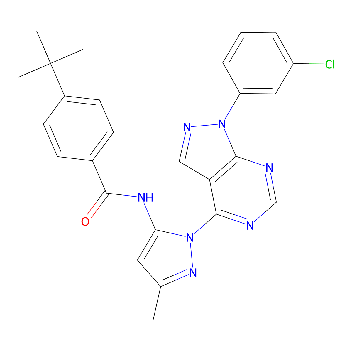 4-tert-butyl-N-{1-[1-(3-chlorophenyl)-1H-pyrazolo[3,4-d]pyrimidin-4-yl]-3-methyl-1H-pyrazol-5-yl}benzamide molecular structure, CAS 1005926-00-0