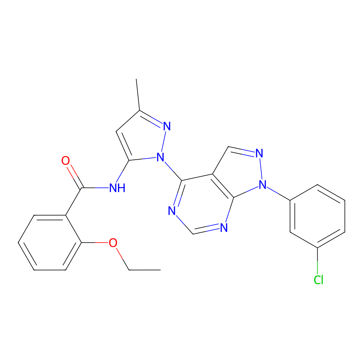 N-{1-[1-(3-chlorophenyl)-1H-pyrazolo[3,4-d]pyrimidin-4-yl]-3-methyl-1H-pyrazol-5-yl}-2-ethoxybenzamide molecular structure, CAS 1005926-06-6
