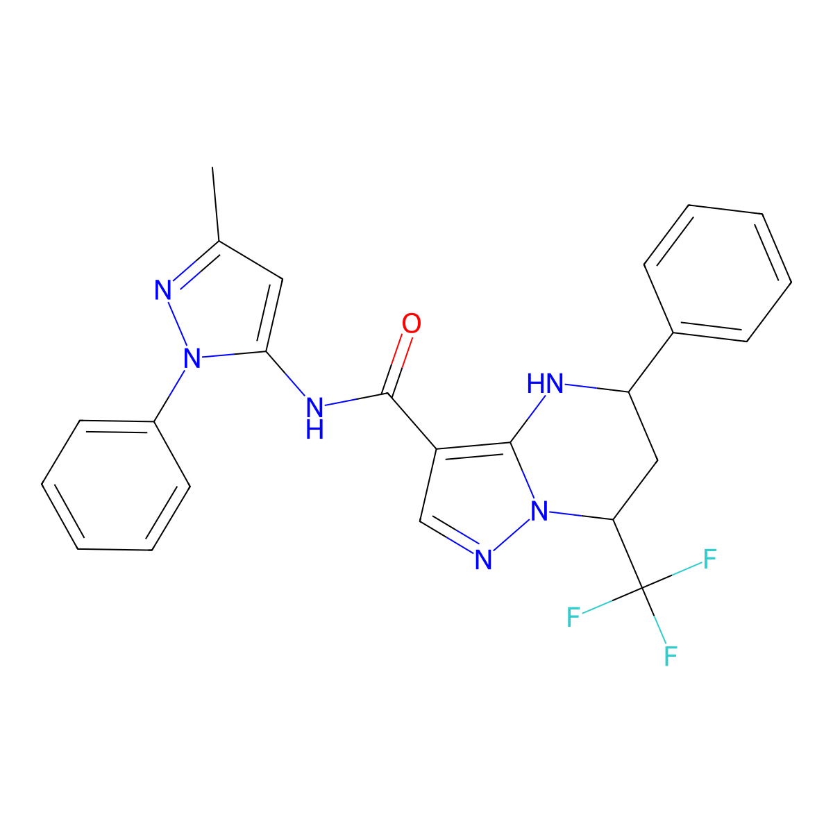 N-(3-methyl-1-phenyl-1H-pyrazol-5-yl)-5-phenyl-7-(trifluoromethyl)-4,5,6,7-tetrahydropyrazolo[1,5-a]pyrimidine-3-carboxamide molecular structure, CAS 1005929-21-4