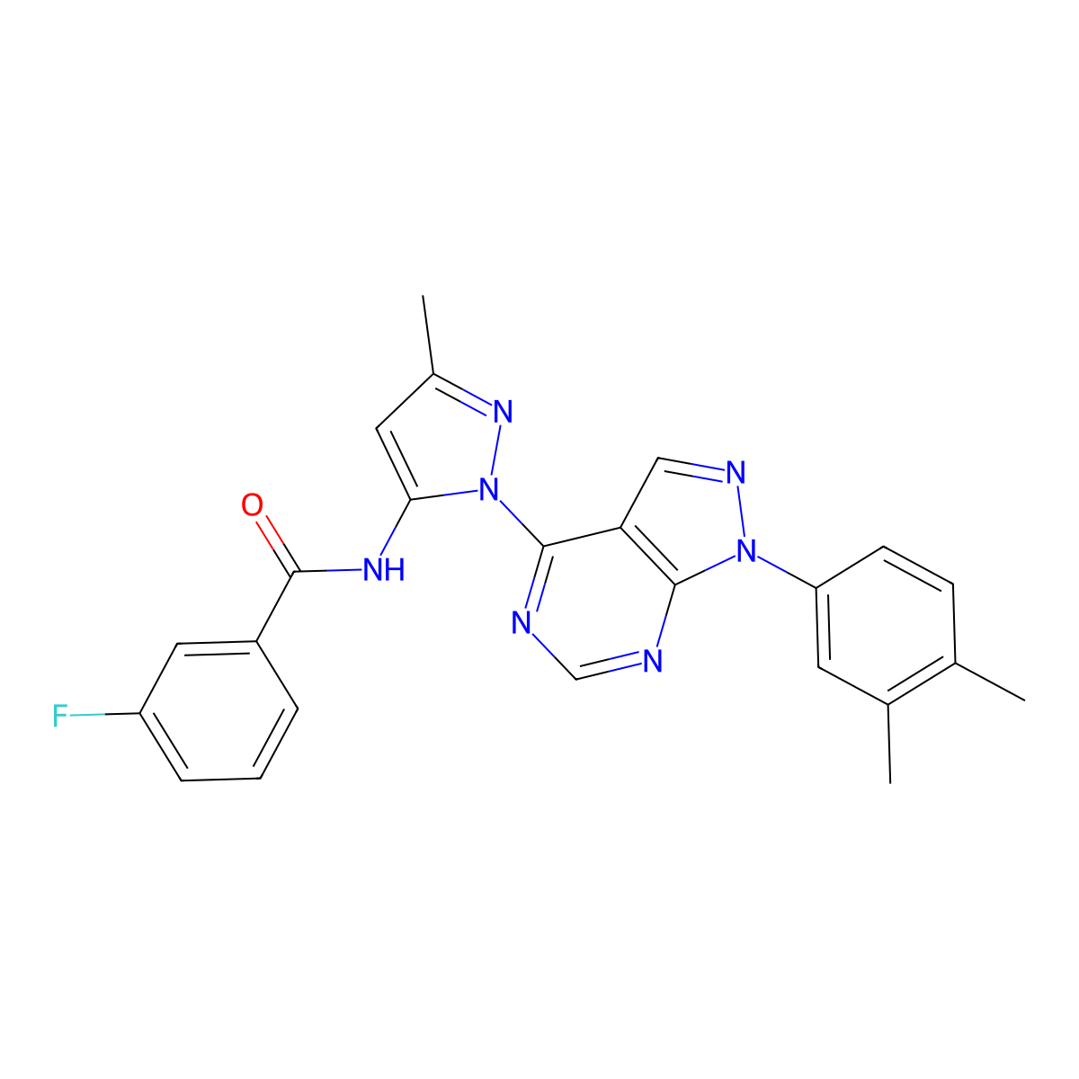 N-{1-[1-(3,4-dimethylphenyl)-1H-pyrazolo[3,4-d]pyrimidin-4-yl]-3-methyl-1H-pyrazol-5-yl}-3-fluorobenzamide molecular structure, CAS 1005929-37-2