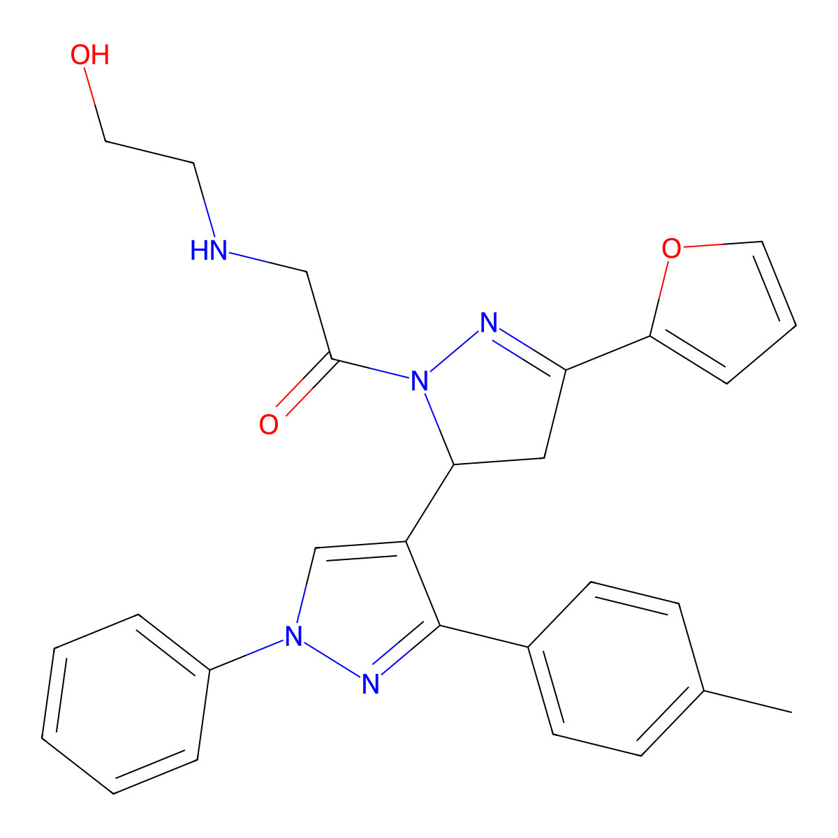 1-(5-(furan-2-yl)-1'-phenyl-3'-(p-tolyl)-3,4-dihydro-1'H,2H-[3,4'-bipyrazol]-2-yl)-2-((2-hydroxyethyl)amino)ethanone molecular structure, CAS 1005929-40-7
