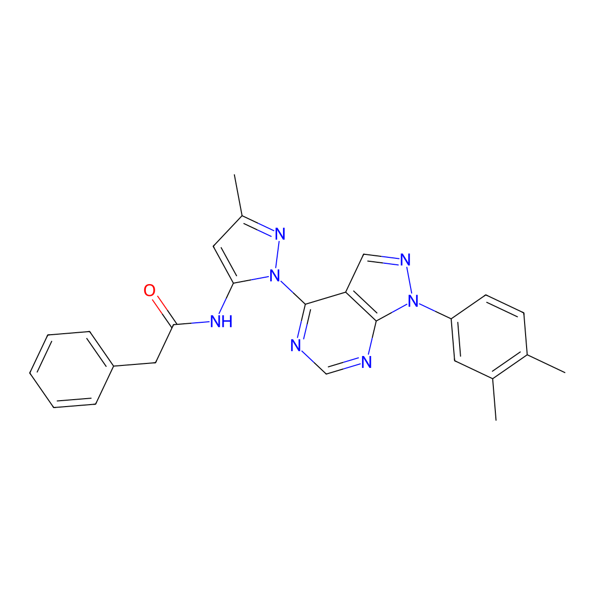 N-(1-(1-(3,4-dimethylphenyl)-1H-pyrazolo[3,4-d]pyrimidin-4-yl)-3-methyl-1H-pyrazol-5-yl)-2-phenylacetamide molecular structure, CAS 1005930-05-1
