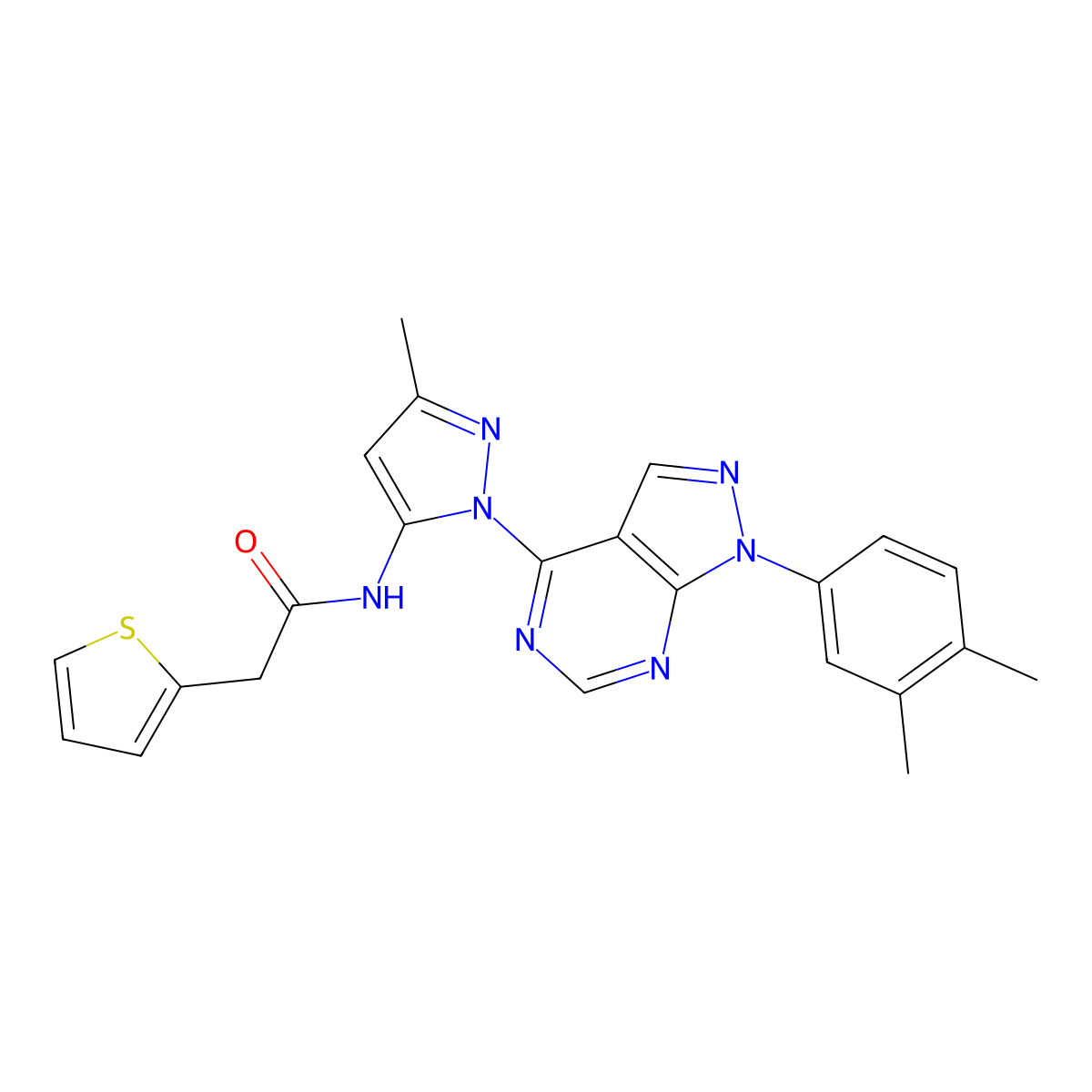 N-(1-(1-(3,4-dimethylphenyl)-1H-pyrazolo[3,4-d]pyrimidin-4-yl)-3-methyl-1H-pyrazol-5-yl)-2-(thiophen-2-yl)acetamide molecular structure, CAS 1005930-26-6