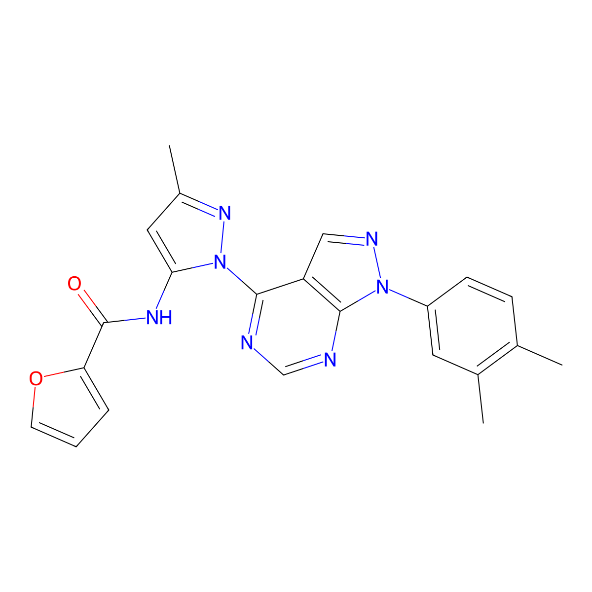 N-(1-(1-(3,4-dimethylphenyl)-1H-pyrazolo[3,4-d]pyrimidin-4-yl)-3-methyl-1H-pyrazol-5-yl)furan-2-carboxamide molecular structure, CAS 1005930-40-4